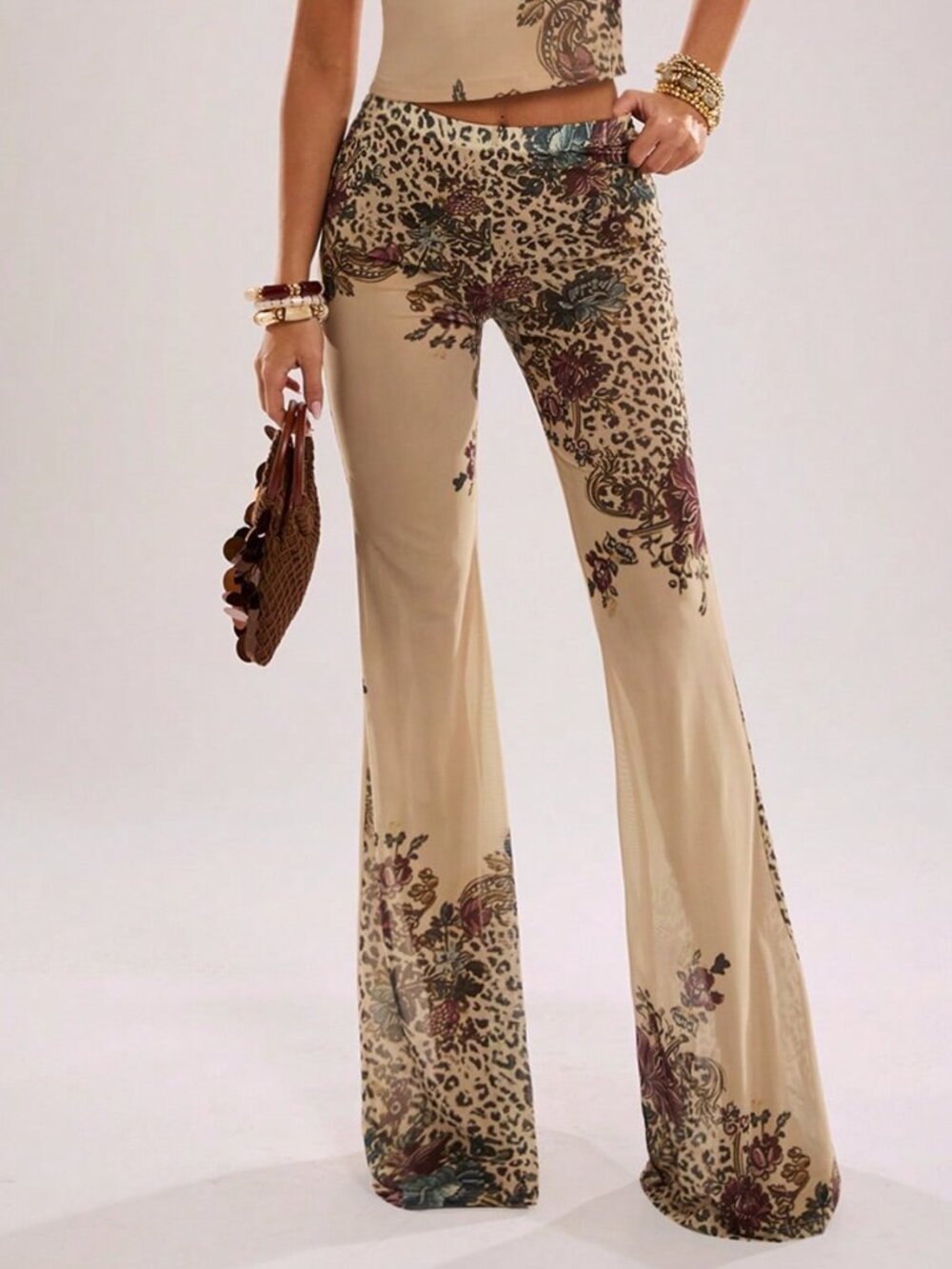 Yellow Elegant Women's Low Waist Mesh Pattern Print Flare Pants - Picture 5 of 7